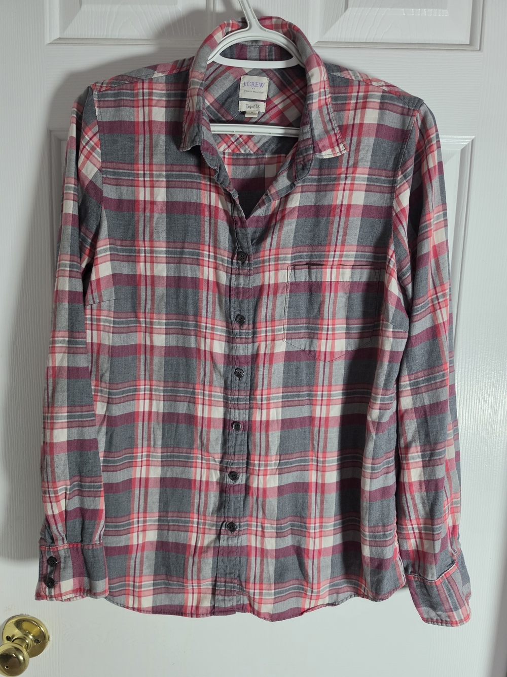 J Crew Women's Red And Grey Plaid Flannel Button Down Shirt, Size M